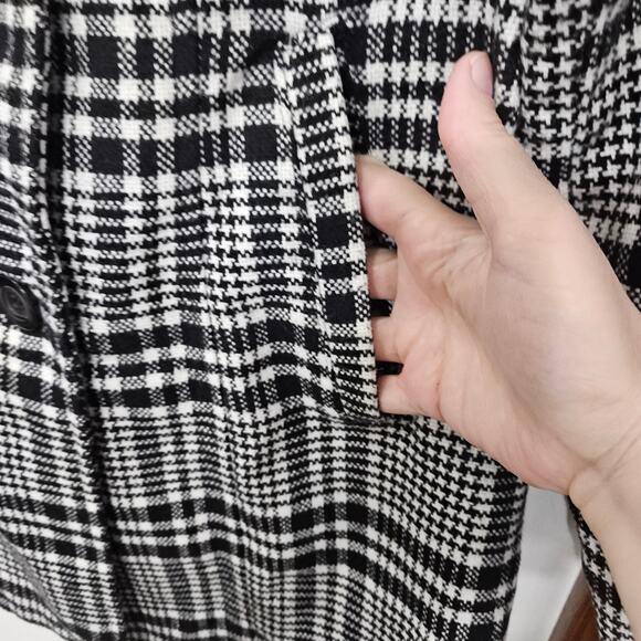 Yoki Plaid Womens Pea Coat Black White Double Breasted Wool Blend Size Large - Picture 6 of 9